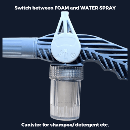 Strong water spray from pressure gun rinsing foam off car for spotless finish.