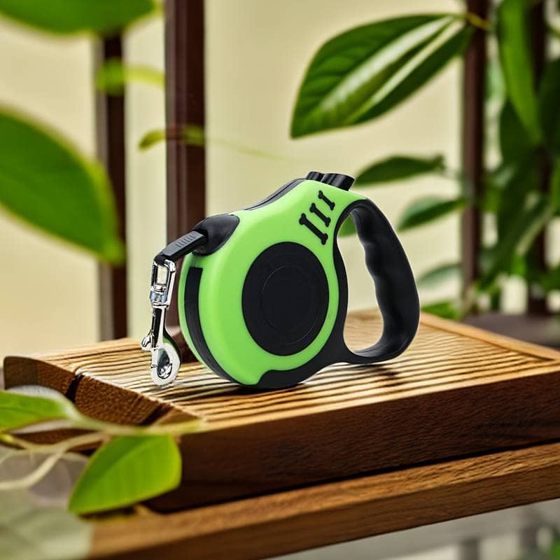Retractable pet leash with handle and adjustable length cord in green color with environment friendly  background.