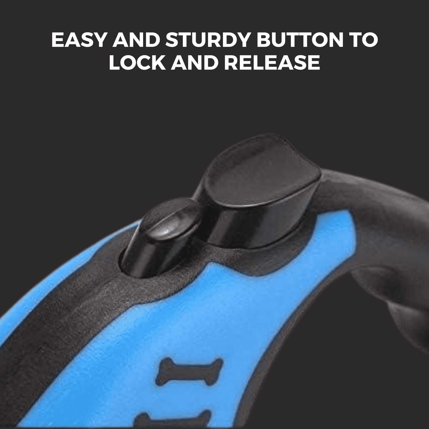 Retractable pet leash with handle and adjustable length cord with easy and study buton to lock and release.