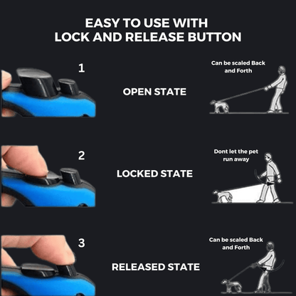 Retractable pet leash featuring ergonomic handle, adjustable cord length, and easy-to-use hold and release button for safe and convenient pet walking.
