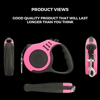 Premium retractable pet leash featuring strong, durable cord, ergonomic handle, smooth extension/retraction mechanism, and secure locking button for safe walking of pets.