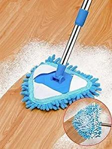 A rotatable triangle-shaped mop with a long handle and microfiber flat mop cloth, designed for cleaning floors and a secondary wiper for windows, displayed on a wooden floor.