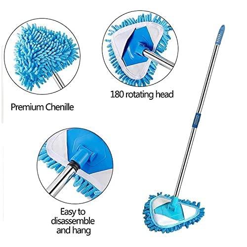 Rotatable triangle mop with 360-degree swivel head and extended long handle, designed for cleaning hard-to-reach corners, floors, and ceilings