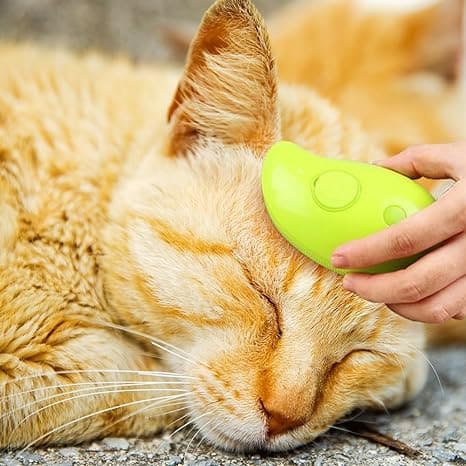 A yellow handheld steam brush being used on a ginger cat, illustrating the product's use in pet grooming.