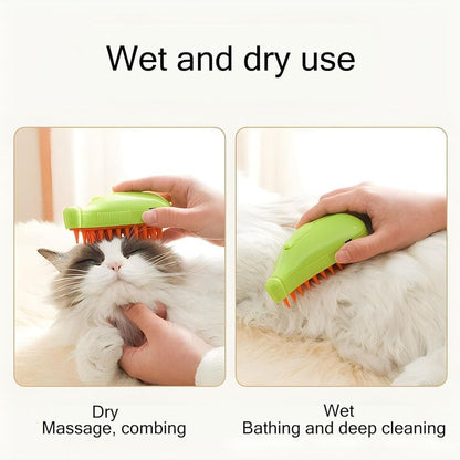 Dual-use STEAMY Pets’ hair brush with ergonomic handle, soft bristles, and steam function, designed for wet and dry grooming of pet hair.