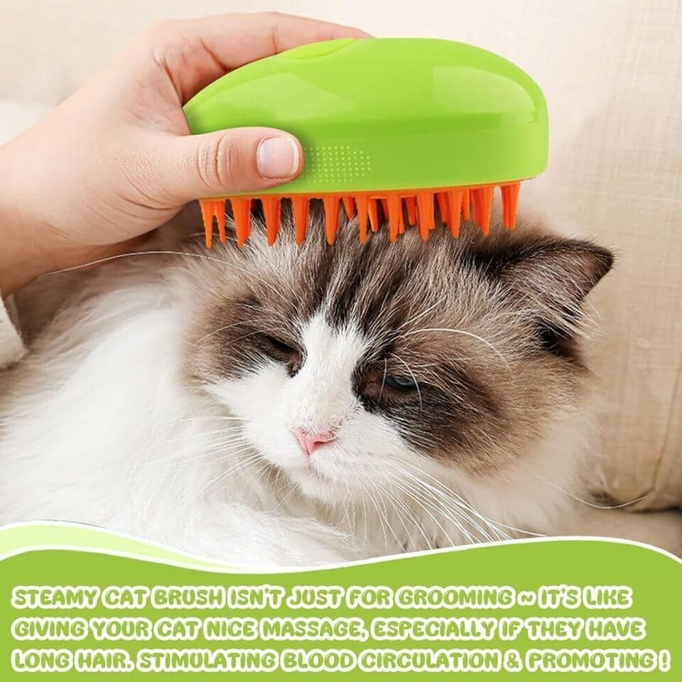 STEAMY Pets’ grooming brush with steam function, designed to easily remove loose hair and tangles from pet fur