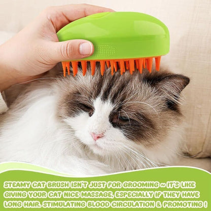 STEAMY Pets’ grooming brush with steam function, designed to easily remove loose hair and tangles from pet fur