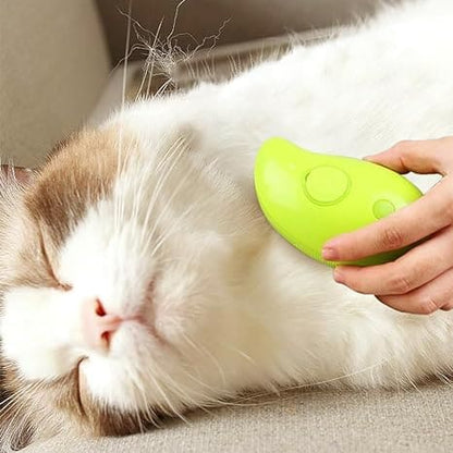 STEAMY Pets’ grooming brush with built-in steam feature, safe for dogs and cats, helps remove loose hair, tangles, and keeps coat shiny.