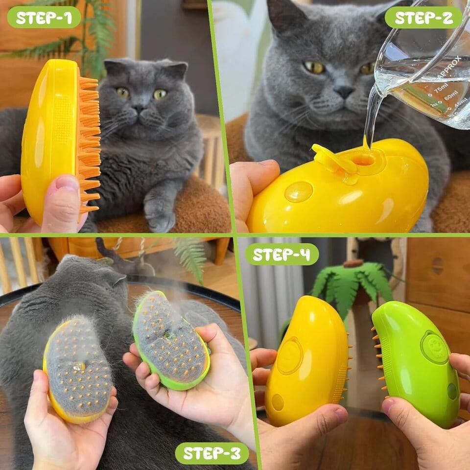 Operating process of STEAMY Pets’ hair brush — fill water tank, switch on steam, brush gently through pet’s fur, and empty tank after use.