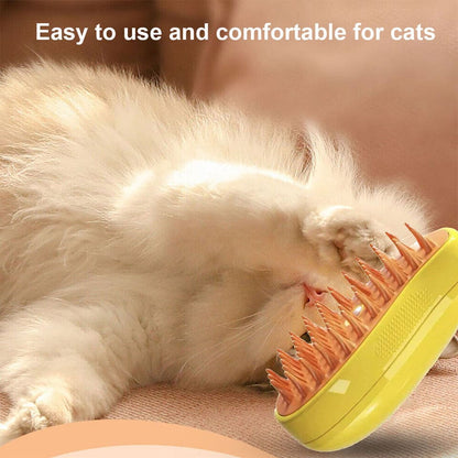 3-in-1 cat grooming steam brush with built-in steam function, soft bristles, and comfortable handle for detangling, deodorizing, and massaging pets.