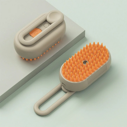 A pet grooming brush with a beige handle and orange bristles, designed for both grooming and massaging pets, shown in an upright position beside a pets hair clippings.