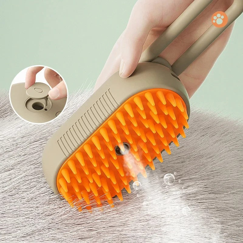 Portable steam brush for pets, featuring ergonomic handle, transparent water reservoir, and soft bristles for removing dirt, tangles, and loose hair from dogs and cats
