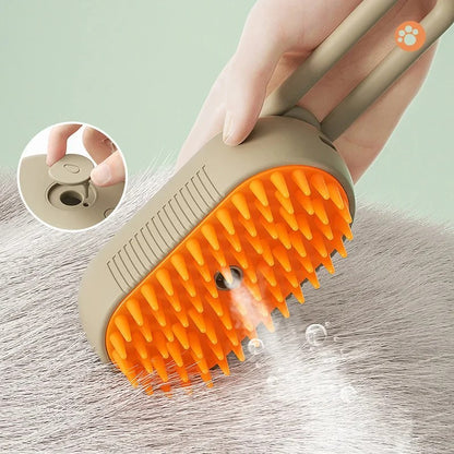 Portable steam brush for pets, featuring ergonomic handle, transparent water reservoir, and soft bristles for removing dirt, tangles, and loose hair from dogs and cats