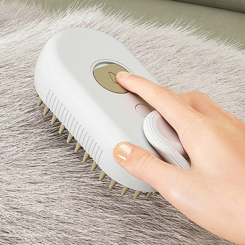 Handheld steam brush for pets with detachable water tank and soft bristle head for grooming and cleaning fur.