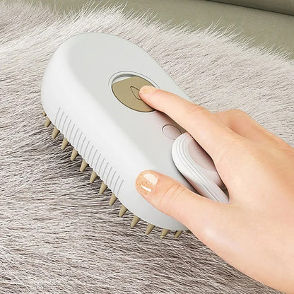 Handheld steam brush for pets with detachable water tank and soft bristle head for grooming and cleaning fur.