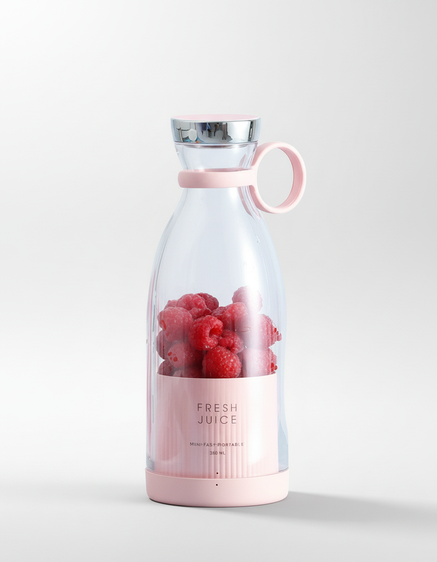 Bottle with pink base and silver top, containing raspberries inside, on a white background