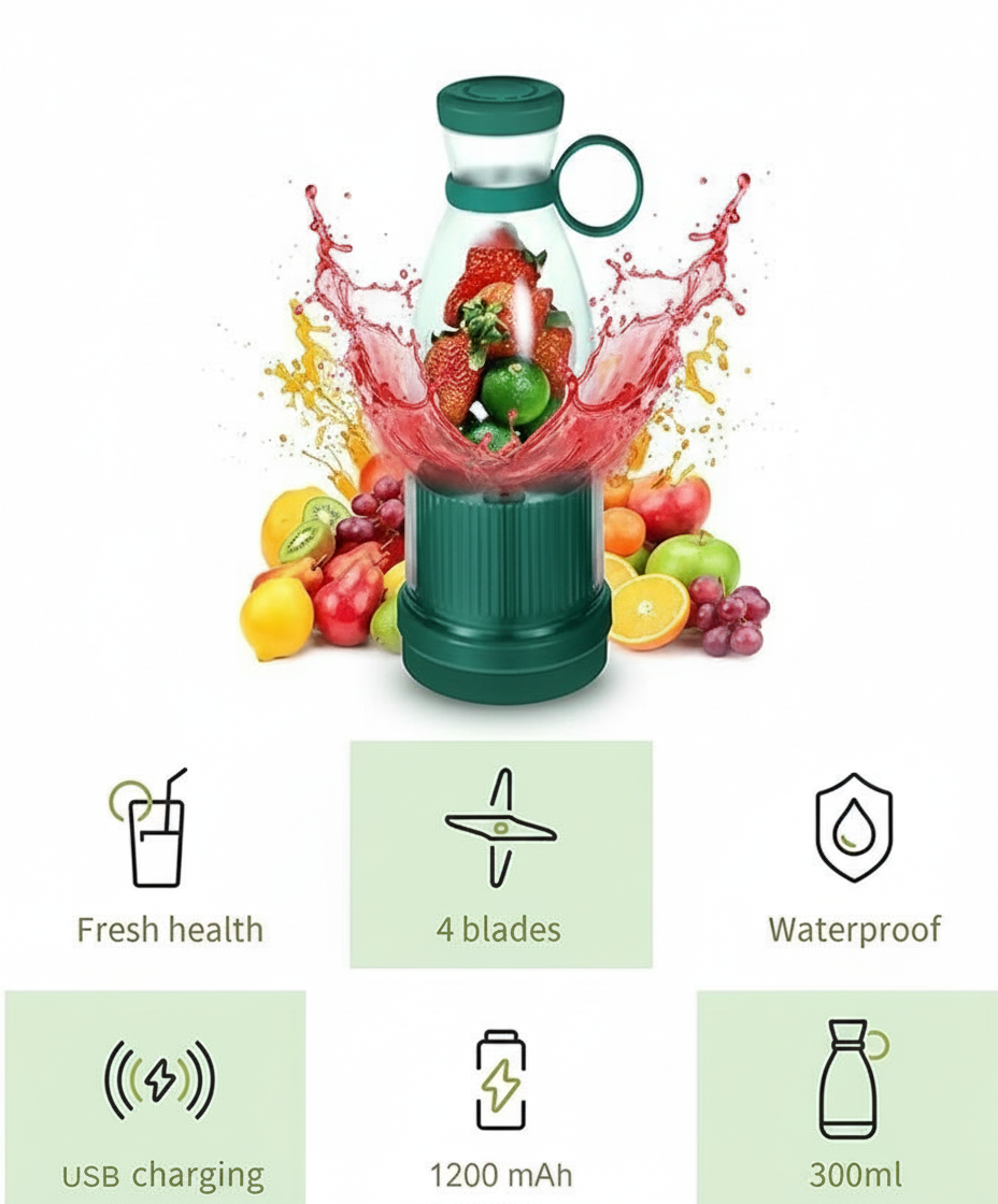 Green portable blender with fruit and juice splash on a white background