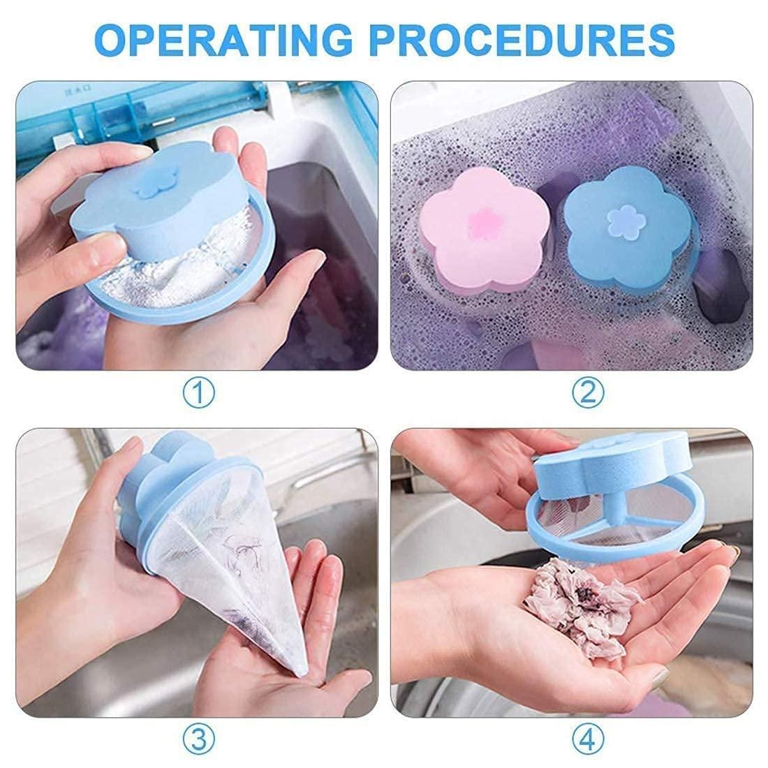 Operating process of laundry floating lint mesh bag — place in washing machine with clothes, bag floats on water, mesh net collects lint, hair, and debris during wash.