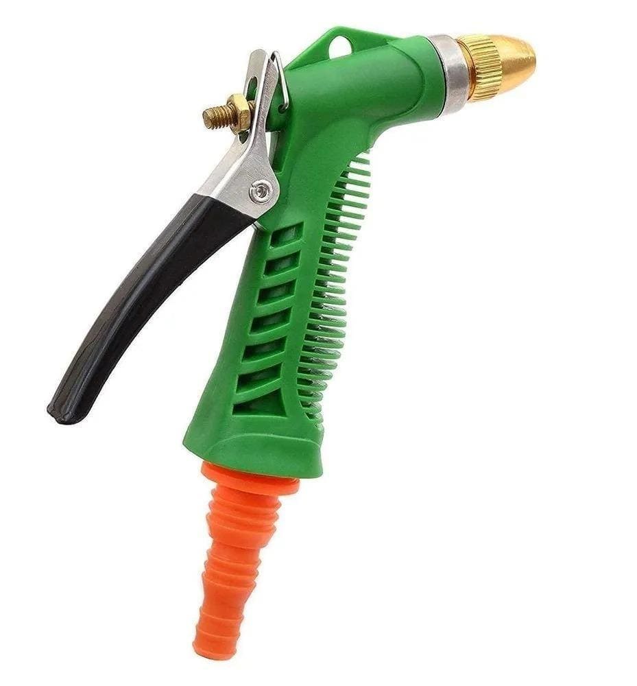A high-pressure garden sprayer with a green handle and orange hose, featuring a trigger and adjustable nozzle.